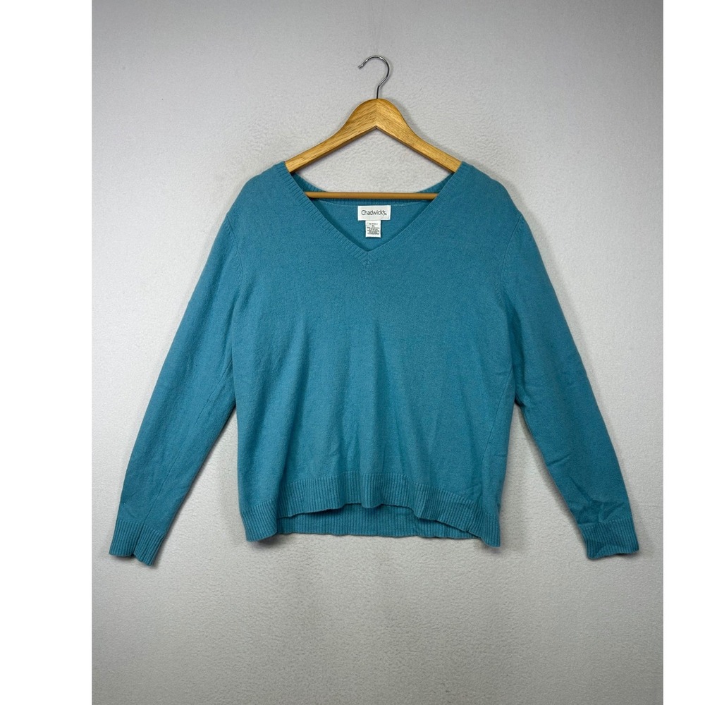 Preppy Classic Chadwick's Women XL Teal‎ Blue Lambswool Blend V-Neck Sweater